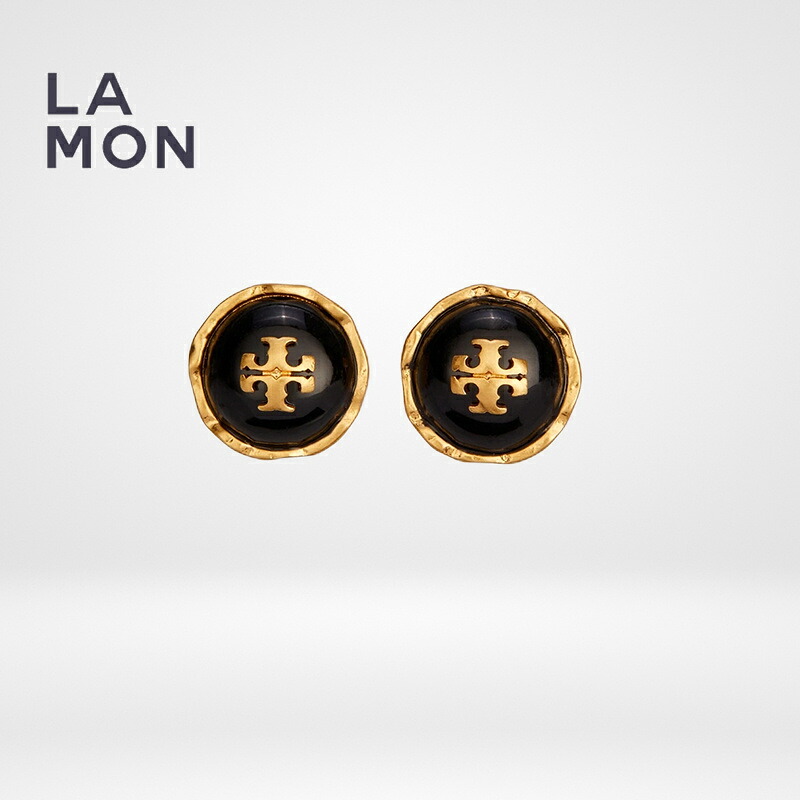 トリーバーチ ピアス TORY BURCH 77311 001 ROXANNE CIRCLE-STUD EARRING ロクサーヌ ロゴ ピアス Black ブラック系｜LAMONBOUTIQUE店