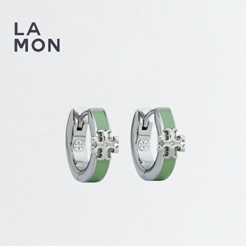トリーバーチ ピアス TORY BURCH 144804 300 KIRA ENAMEL HUGGIE EARRING ロゴ ピアス SILVER/Foliage シルバー/グリーン系｜LAMONBOUTIQUE店