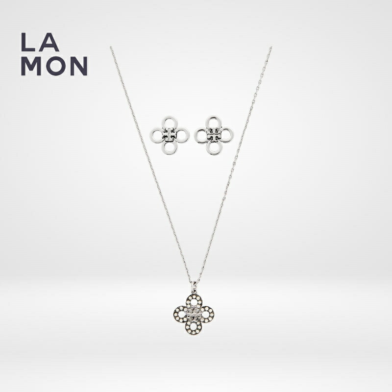 トリーバーチ ピアス TORY BURCH 155509 042 KIRA CLOVER PAV? PENDANT AND STUD GIFT SET キラ ロゴ ピアス SILVER シルバー系|LAMONBOUTIQUE店