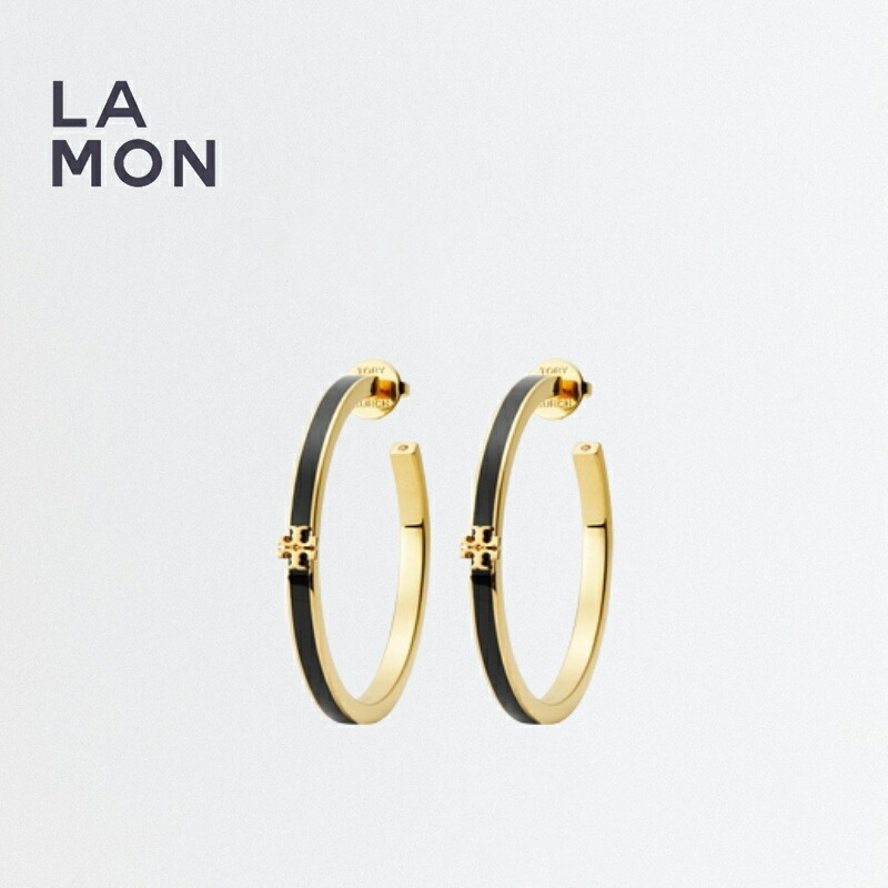トリーバーチ ピアス TORY BURCH 157204 720 KIRA ENAMEL HOOP EARRING キラ フープ メタル ピアス Gold/Black ゴールド/ブラック系|LAMONBOUTIQUE店