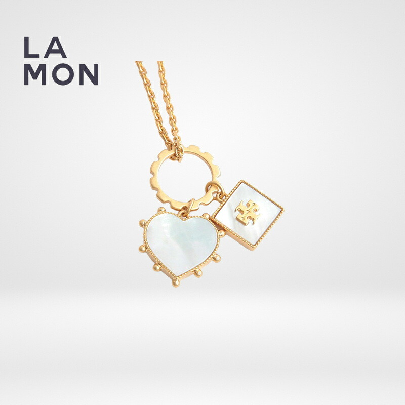 トリーバーチ ネックレス TORY BURCH Square and Heart Pendant Necklace ハート & ロゴ ペンダント ネックレス Gold/Mother of Pearl ゴールド系|LAMONBOUTIQUE店