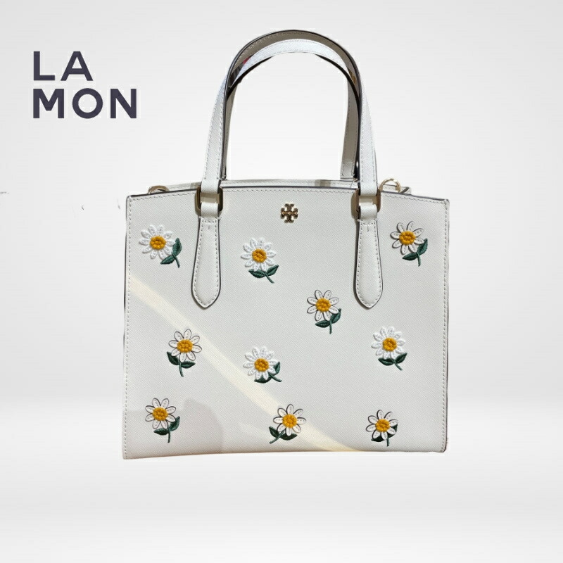 トリーバーチ ハンドバッグ TORY BURCH 80141 104 Emerson Daisy Applique Structured Work Satchel エマーソン 刺繍入り サッチェル New Ivory ホワイト系｜LAMONBOUTIQUE店