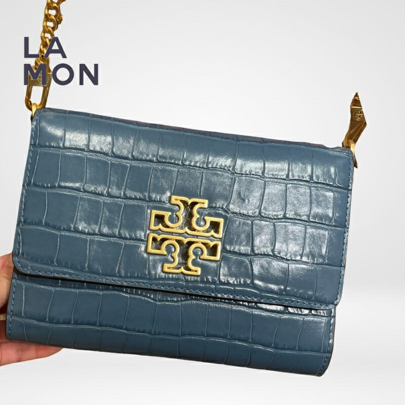 トリーバーチ ショルダーバッグ TORY BURCH 75649 489 Britten Croc Chain Wallet ブリ十 チェーン店 ウォレット Peninsula Blue 青味系