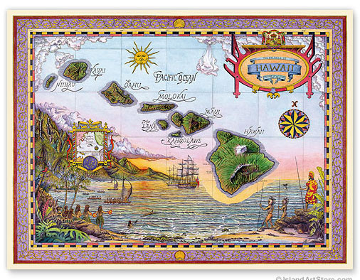 楽天市場 メール便で送料無料 ハワイアンポスター ビンテージ オールドハワイ 地図 Map Of Old Hawai 約23 30cm ラナイブルー