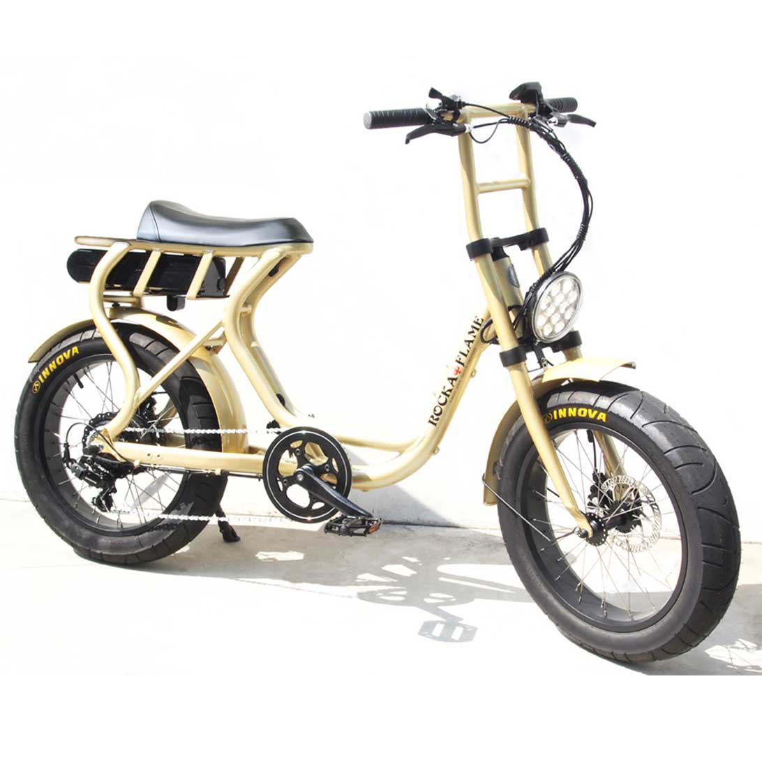 自転車 ROCKA FLAME e-bike FUMA メタルゴールド 電動アシスト Ｅバイク 公道可 送料無料 東京 神奈川 埼玉 千葉 限定販売  ファットバイク 20インチ 通勤 通学｜Lanai Makai