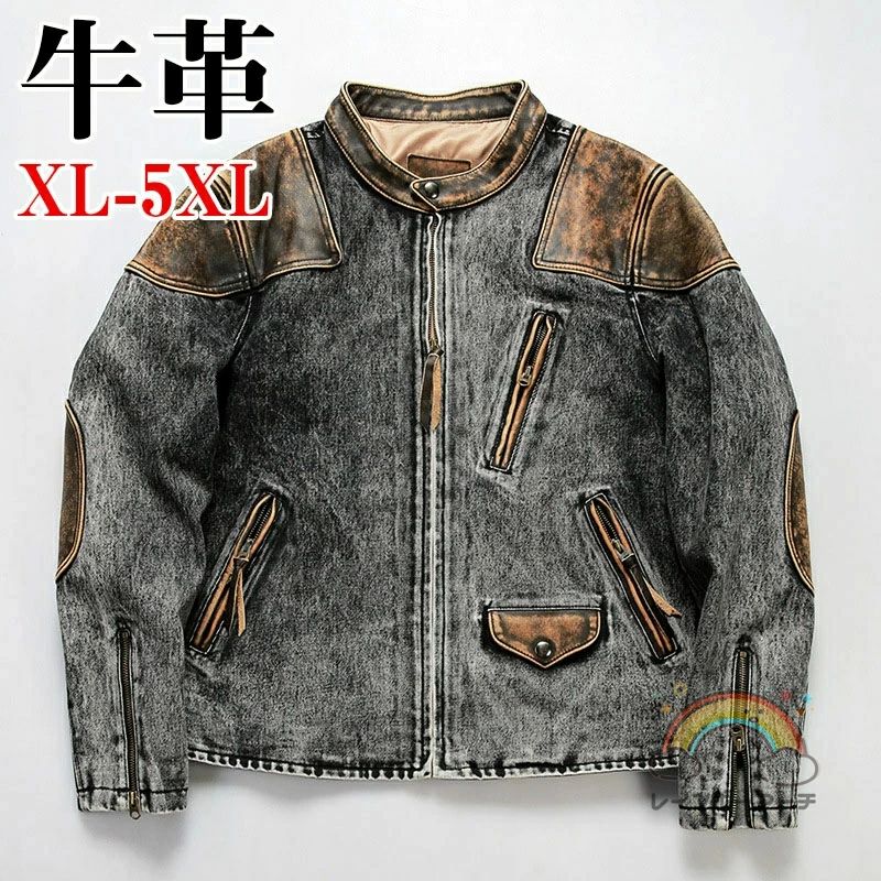 レザージャケット ライダースジャケット 牛革 バイクジャケット 立ち襟 本革 革ジャンXL～5XL 本革ジャケット グレー カウレザー 父の日 アウター ライダース防風 防寒 レザー お洒落 メンズ 大きいサイズ｜LANDBOX STORE
