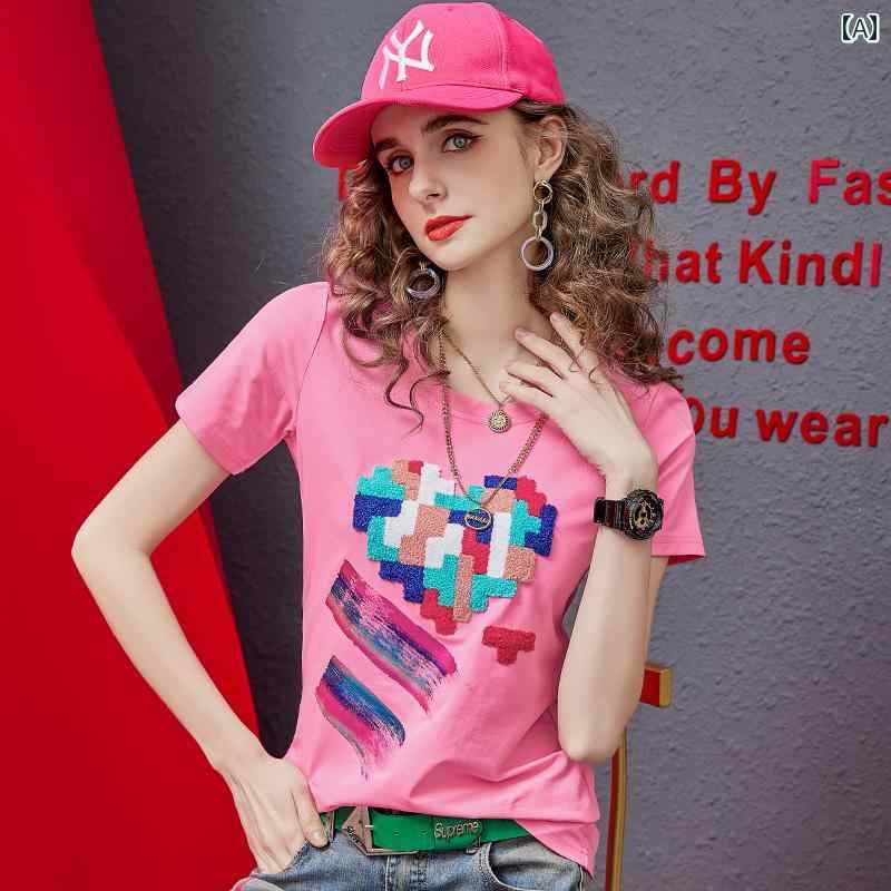 かわいい Tシャツ レディース 女性用 コットン 半袖 Tシャツ 2025夏 ファッション ラブ プリント レディース スリム ローズレッド トップ