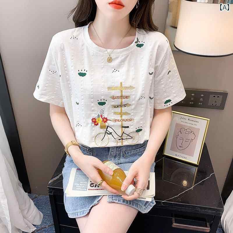 かわいい Tシャツ レディース 綿 白 半袖 t シャツ レディース新 夏服 ゆったり 刺繍 プリント レディース トップ