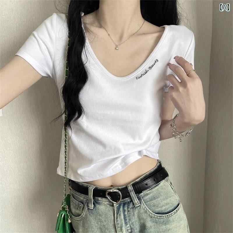 かわいい Tシャツ レディース の 商品 Vネック 綿 半袖 Tシャツ レディース 2025夏 スリムフィット ショート 丈 ファッション カジュアル プリント トップス