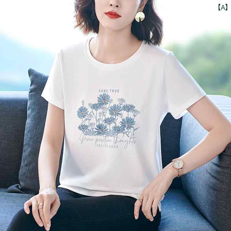かわいい Tシャツ レディース 綿の ヘビー 刺繍の 花柄 Tシャツ 女性用 夏 大きいサイズ ゆったり おしゃれ 中年 ママ 半袖 シャツ