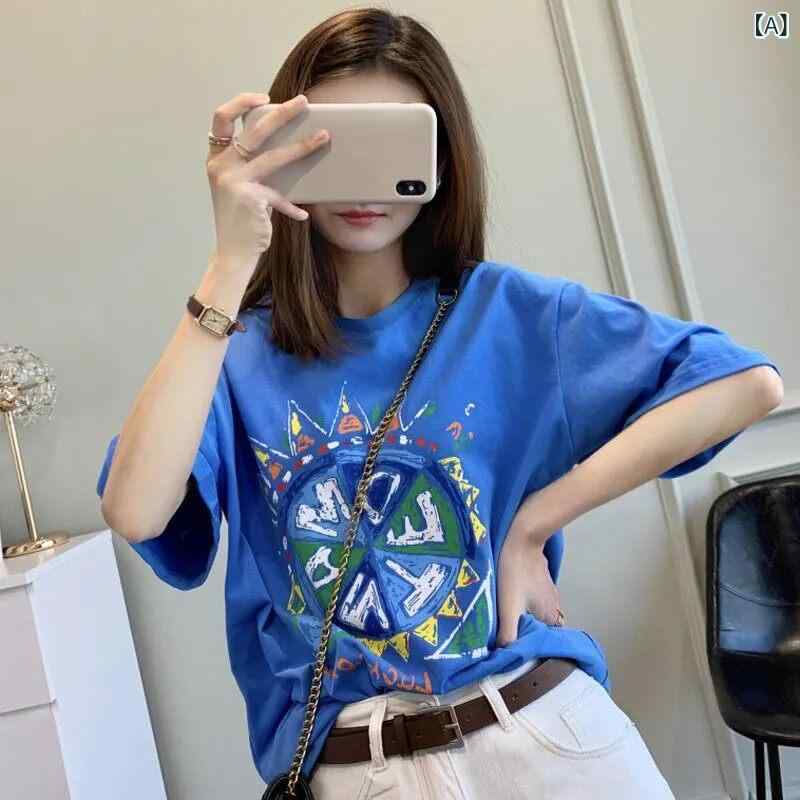 かわいい Tシャツ レディース 韓国 夏の新 色 落書き コットン 半袖 Tシャツ レディース 年齢を 軽減 する トップ ラウンドネックな イン