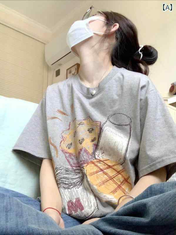 かわいい Tシャツ レディース ヘビー コットン アメリカン レトロ グレー 半袖 大きいサイズ Tシャツ レディース 2025 ホット スタイル ゆったり トップス 夏