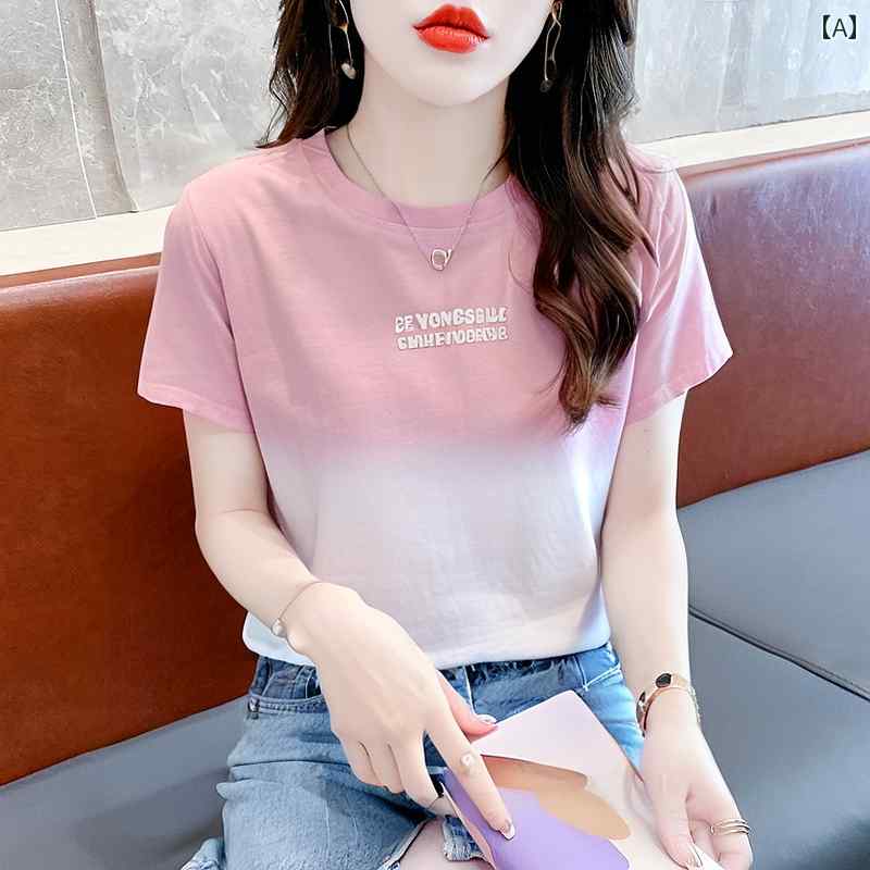 かわいい Tシャツ レディース 綿の 半袖 Tシャツ グラデーションの ゆったり レディース 2025夏 年齢を 感じさせにくい 万能な トップス