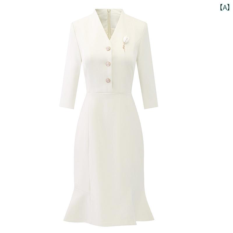 レディース ビジネス スーツ スカート ドレス プロな Vネックの 精巧 ドレス ウエスト ジュエリーショップ 医療 美容 フロント デスク 作業着 ヒップ フィッシュ テール スカート画像