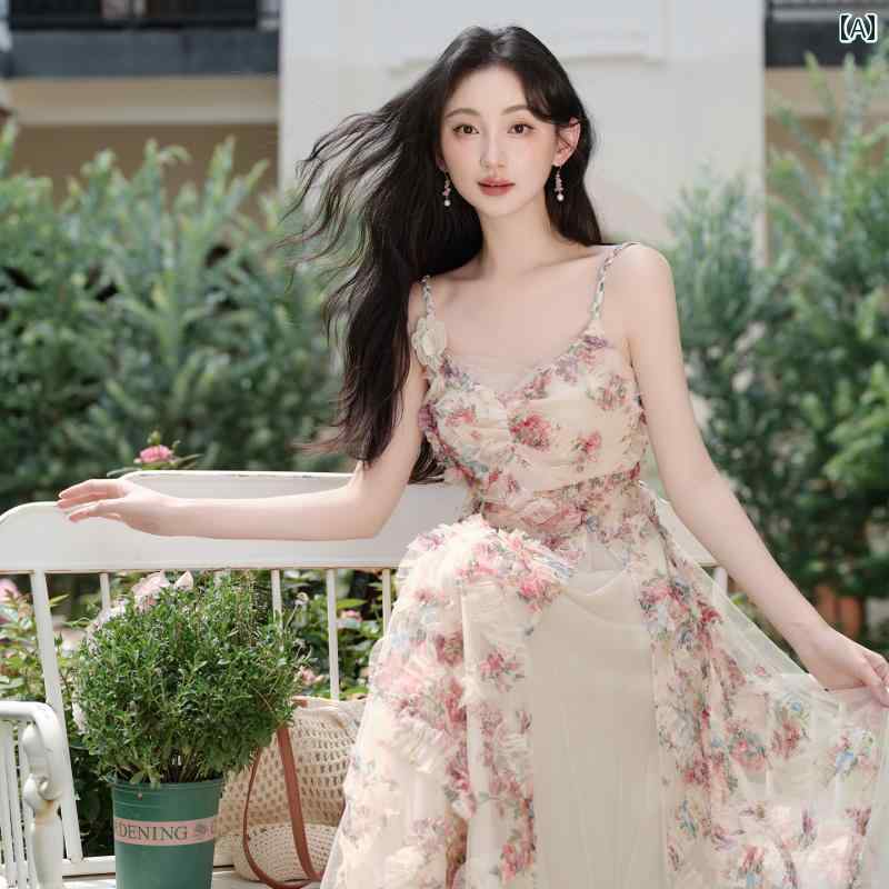 きれいめ ワンホン ワンピース レディース フレンチ 優しい 服装のの 花柄 サスペンダー ドレス 夏の なの メッシュ ホリデー ロング スカート