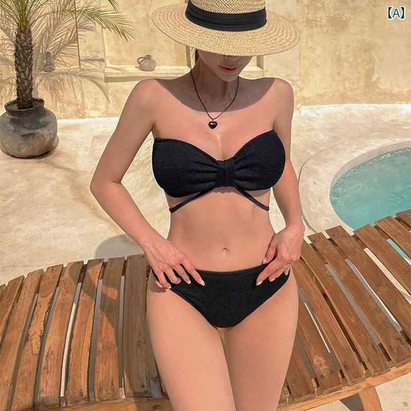 水着 ビキニ レディース セクシー と アメリカ 水着 レディース 無地 チューブ トップ ビキニ プリーツ テクスチャ リボン ハイウエスト スプリット スモール チェスト