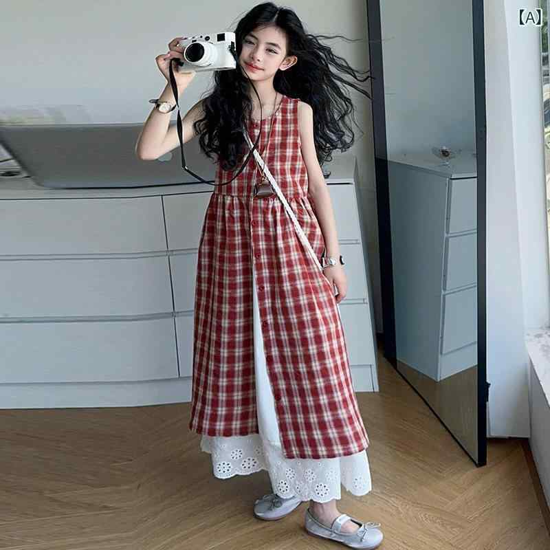 キッズ用 ワンピース 女の子 サマー ドレス 2025 大きい 子供 韓国 重ね 着 チェック 柄 スカートの 子供用 ドレスの な スタイル