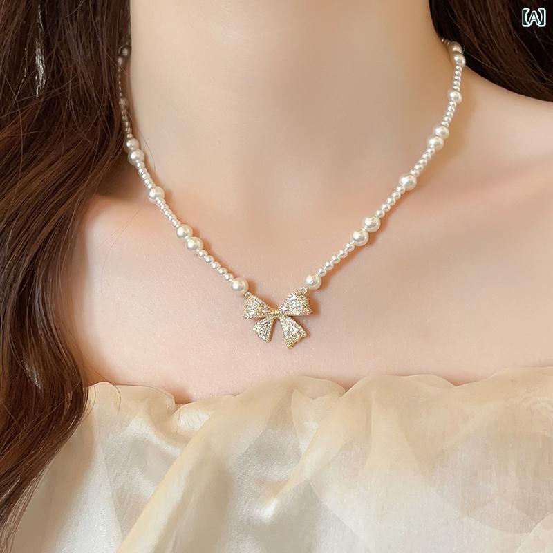 ネックレス レディース ジュエリー 女性用 ボウ ペンダント パールネックレス 2025年 高級 鎖骨 ネックレス アクセサリー