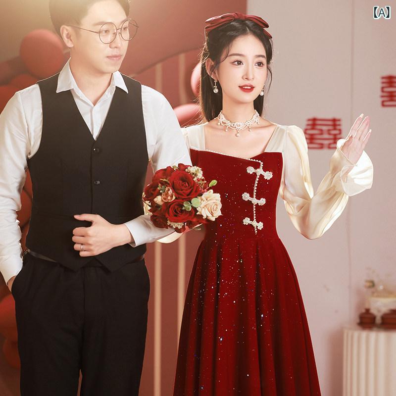 ドレス パーティードレス レディース トースト ドレス 2025 花嫁 プチ 夏の 結婚式 チャイナ風 婚約 赤い スカート 女性