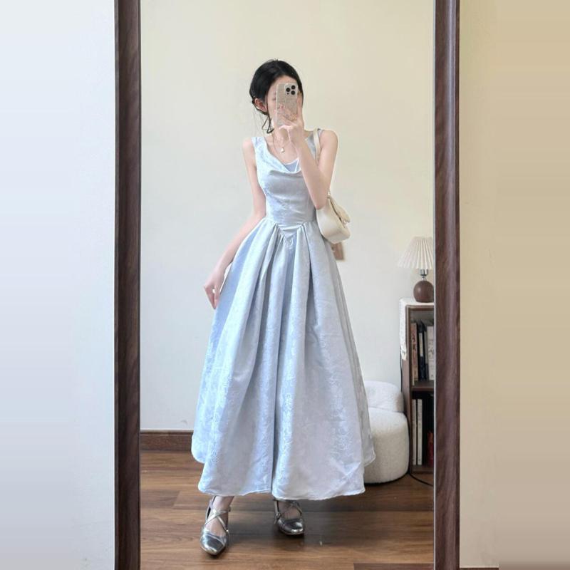 きれいめ ドレス パーティードレス フランスの レトロ サスペンダー ドレス 女性用 2025年 スイング カラー ハイエンド なの ジャカード プリンセス ロング スカート