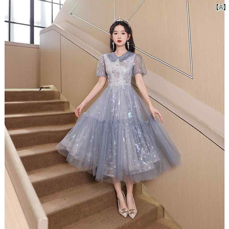 きれいめ ドレス パーティードレス ブルーの 小さい イブニングドレス 2025 高級 大人 セレモニー ドレス 女性用 小柄｜LAONsChoice