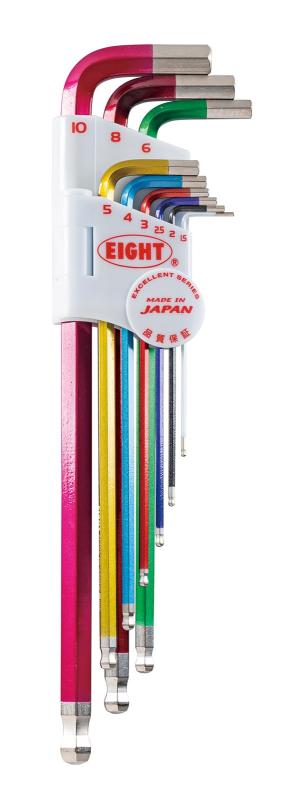 エイト　六角棒スパナ　テーパーヘッド　エキストラロング　カラーレンチ　1.5～10mmの9本組　EL/ARMOURめっき　二段式ホルダー　TLC-S9N