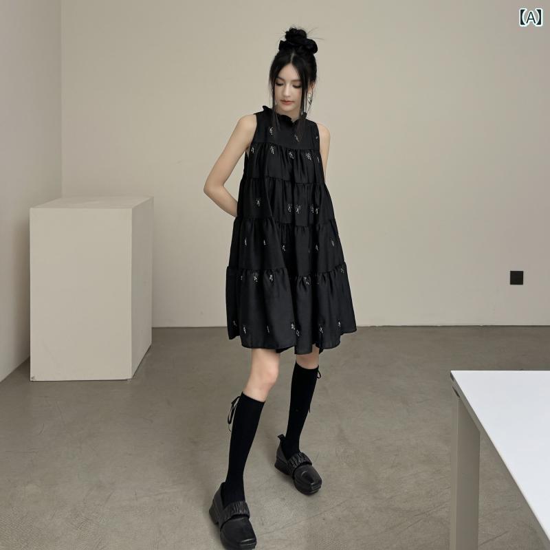 黒ドレス 大人かっこいい レディース ddgirl ムーンライトダンス フレンチ ダーク プチ 年齢を 感じさせにくい ゆったり スリム ふっくら ノースリーブ ケーキ ドレス|LAONsChoice