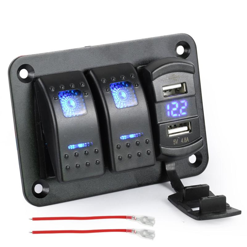 Chaoxinyizu スイッチパネル 防水 ボートスイッチ 車 船 LED電圧計付き スイッチパネ スイッチパネル切り替え USBソケット デュアル DC12-24V 船舶用品