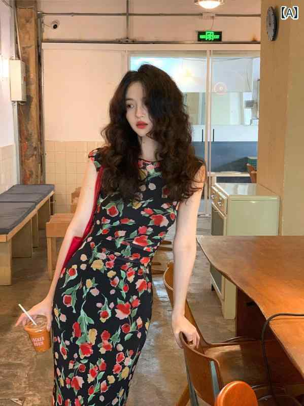 きれいめ ワンホン ワンピース レディース Jiuwu 自家製 Jinyiming フランスの レトロ 黒の 花柄 ロング スカート レディース 夏の ハイウエスト ドレス