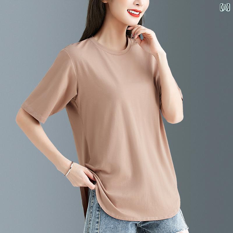 シンプル レディース Tシャツ 無地 無地の ゆったり モダールコットンの 半袖 Tシャツ。 裾は 不規則。 夏用の 大きめ サイズでな。 レディース Tシャツ トップス。