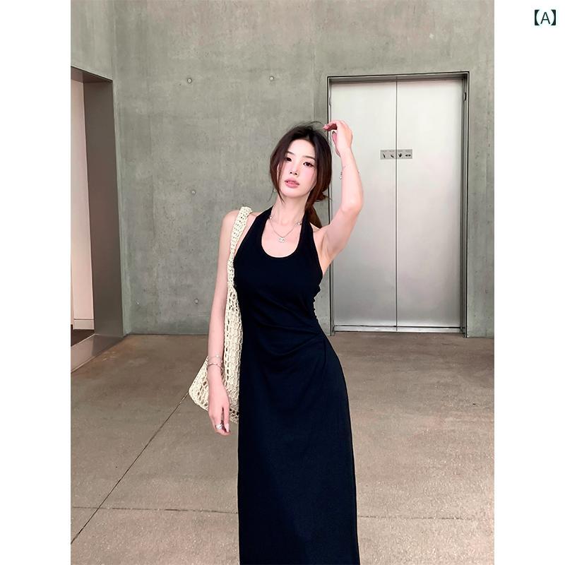 黒ドレス 大人かっこいい レディース アダン ブラック スリムフィット サスペンダー スカート ホルターネック ドレス 2025 夏 ウエスト 痩せ 万能 ミディアム 丈 aライン｜LAONsChoice