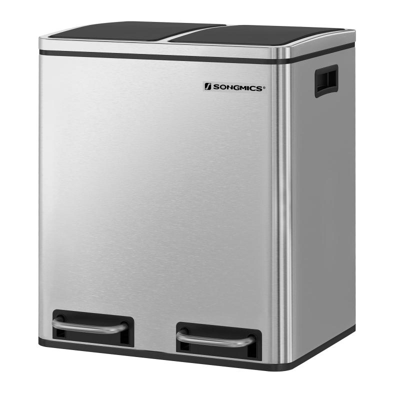 SONGMICS ゴミ箱 分別 2連 横型ダストボックス 蓋付き 大容量 ステンレス製 ペダル式 ペットボトルや缶収納可能 おしゃれ 袋が見えない 密閉性 キッチン リビング オフィス用｜LAONsChoice