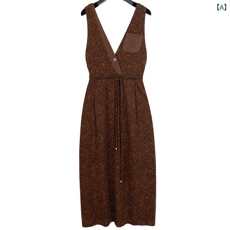 きれいめ ワンホン ワンピース レディース ナ マーチ シャオチン 服 レトロ 春秋冬 文学 花柄 サスペンダー スカート なの ドレス 万能 ロング