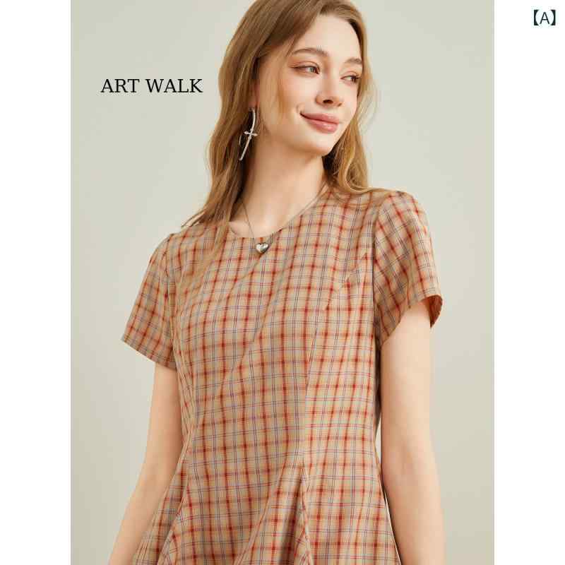 きれいめ ワンホン ワンピース レディース ART WALK チェック 柄 ワンピース レディース 夏 ショート スカート スモール レトロ スタイル 半袖 ウエスト チュチュ