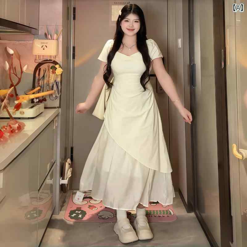 きれいめ ワンホン ワンピース レディース 大きいサイズ 不規則な スクエアネック パフスリーブ 女性用 夏用 ドレス やや 太めの mm ウエスト プリーツ ロング スカート