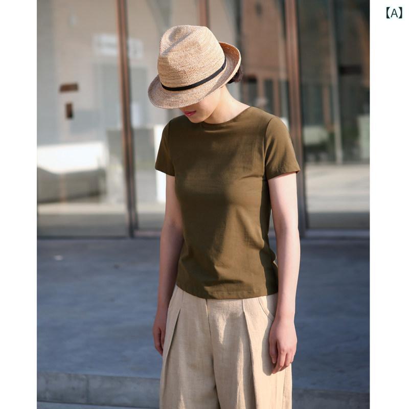シンプル レディース Tシャツ 無地 2025 春夏 半袖 Tシャツ レディース レギュラー ラウンドネック 通勤 アーティスティック スリム ウイグル長 繊維 綿