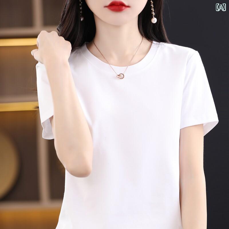 シンプル レディース Tシャツ 無地 130 カウント 100 シルケット コットン レディース Tシャツ ラウンド Vネック 夏用 トップス 半袖 ゆったり 綿 カラー