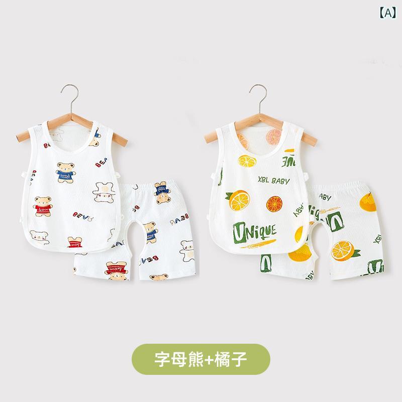 ベビー服 パジャマ ルームウェア ジンチー ベビー スーツ 夏用 薄手 男の子 琵琶 服 ノースリーブ ベスト オープンクロッチ パンツ 空調 スプリット パジャマ