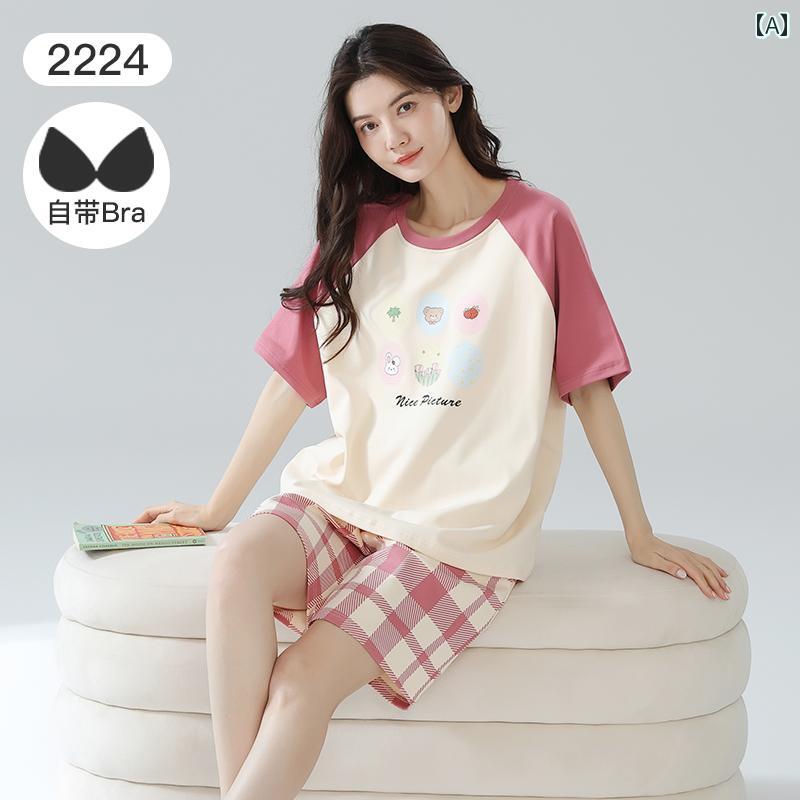 薄手 涼しい レディース パジャマ キャットマンの 夏の パジャマ レディース 綿 半袖 Tシャツ 2025 スタイル 胸 パッド 付き 屋外 ホーム 服 スーツ 着用 可能