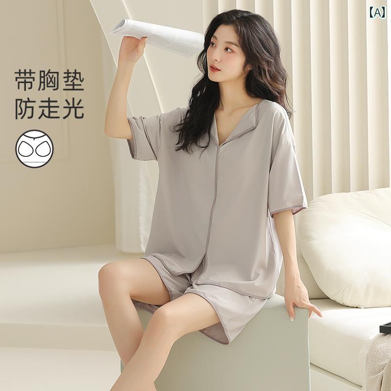 薄手 涼しい レディース パジャマ 女性用 パジャマ 2025夏 胸 パッド 付き コットンシルク 半袖 レディース 夏 ユニーク ホームウェア スーツ
