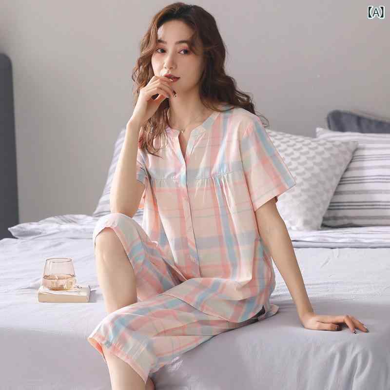 薄手 涼しい レディース パジャマ 織り 綿 パジャマ レディース 夏 薄手 半袖 クロップドパンツ ガーゼ コットン ホーム 服 スーツ カーディガン