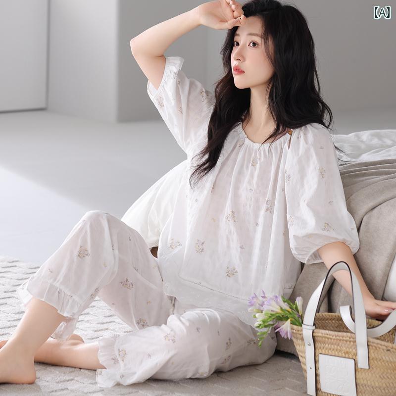 薄手 涼しい レディース パジャマ Jindaer コットン 糸 半袖 夏 パジャマ レディース ゆったり ラウンドネック バブル スーツ 薄手で 快適 ホームウェア