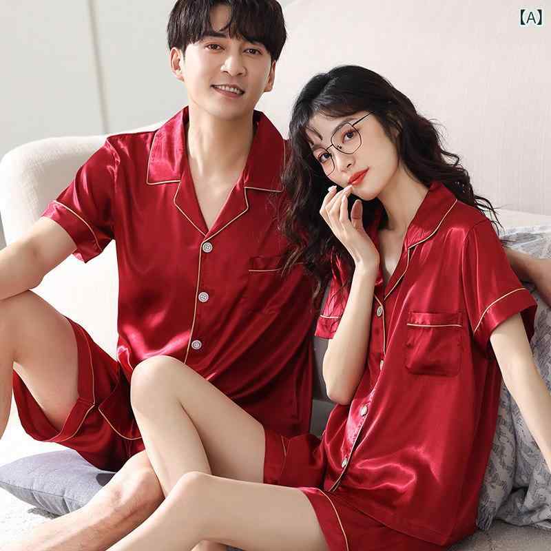 薄手 涼しい レディース パジャマ カップル パジャマ 2 セット 冷感 夏 婚 半袖 赤 家 着 レディース カーディガン 結婚式 メンズ スーツ｜LAONsChoice