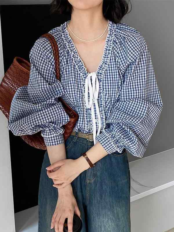 レディース 春 フレンチ レトロ チェック柄 シャツ ブルー 切り替え レース かわいい スリム 紐付き トップス 森ガール ナチュラル 普段使い 軽やか シルエット