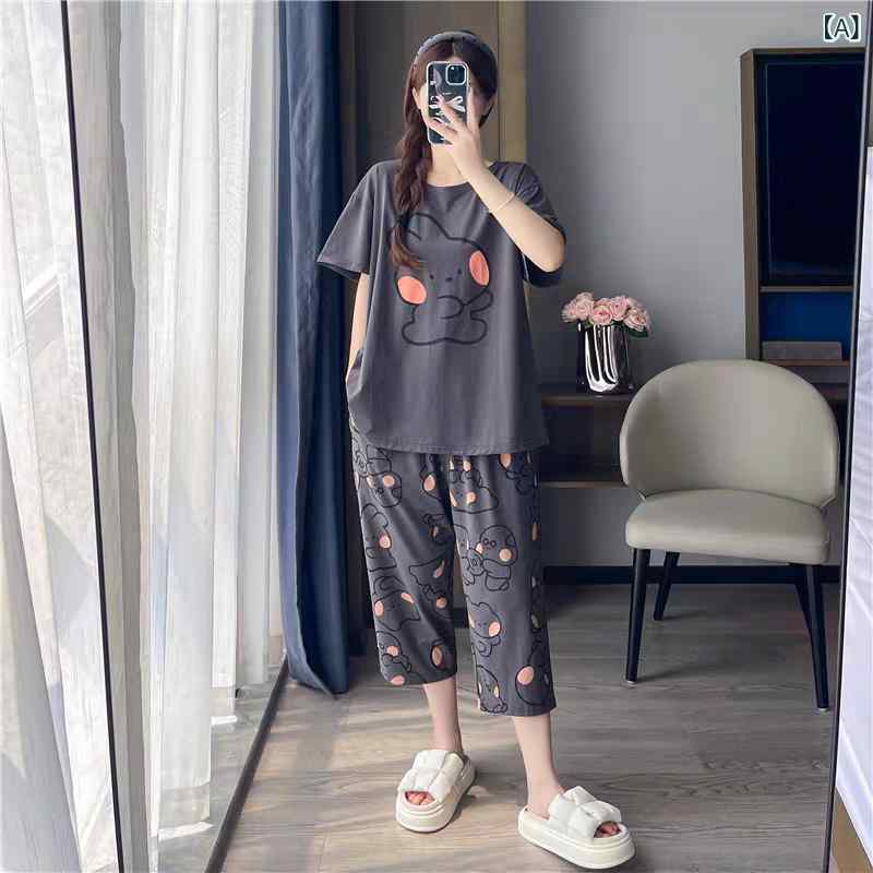ルームウェア ママ レディース パジャマ 女性用 パッド入り パジャマ 綿 夏の 半袖 100 %の クロップドパンツ ホームウェア レディーススーツ 夏
