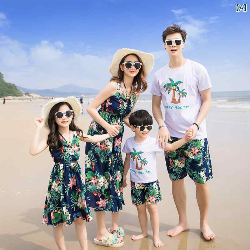 お揃い ファッション コーデ ペアルック カジュアル 三 亜 旅行 ビーチ 親子 サマー ドレス ボヘミアン 母 娘 ロング スカート 34人 家族 スーツ画像