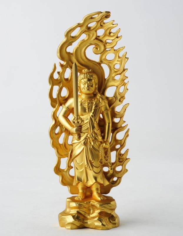 仏像 不動明王 15.5珊（金メッキ/24金） 仏師：牧田秀雲 藍本＿（酉年生年月日）十二支守り本尊 干支 陵丘銅器(ふどうみょうおう)