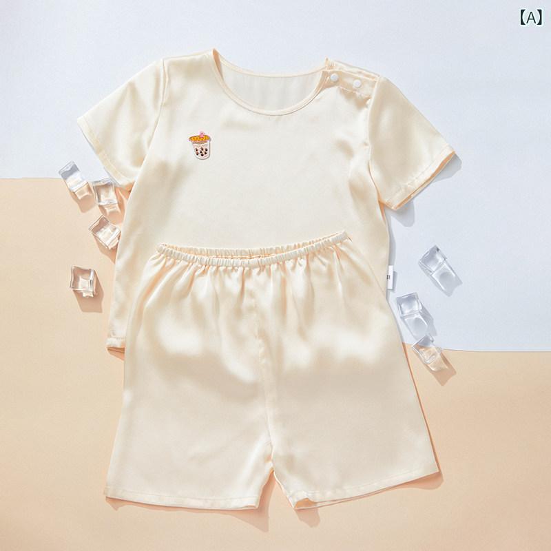 ベビー服  パジャマ 好いたらしい 小わっぱ用 絹地 背広 夏用 半袖 遊撃手 ズボン下 パジャマ 100 % 桑 絹 赤ちゃん もの言う花 老人ホーム御召しもの 口付け 乳汁紅茶