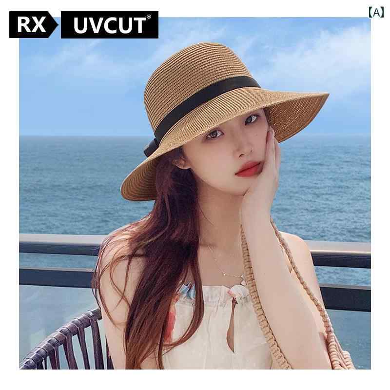 麦わら帽子 日焼け防止 レディース RX UVCUT つば 広の ラフィア ハット。 夏の ビーチ 旅行に 最適な 女性用 帽子。 顔が 小さく に 使える サンハット。