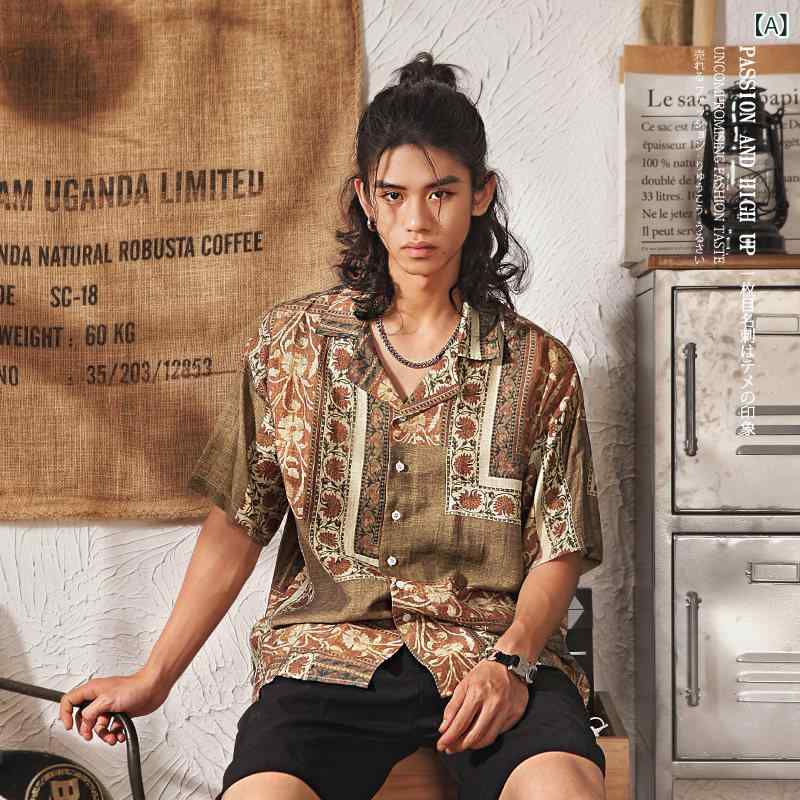 アロハシャツ 半袖 メンズ 半袖 ティーシャツ レトロ カシューナッツ お花 ハワイアン 砂浜 お休み リネン いの一番